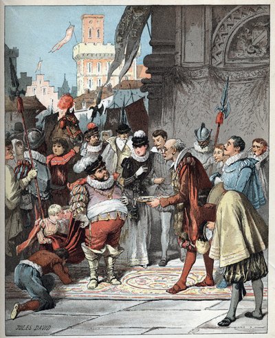 Sancho Panza nomeado governador da ilha de Barataria - Sancho Panza é nomeado governador perpétuo da ilha de Barataria - Ilustração de Jules David (1808-1892) do Histoire de Don Quixote (Dom Quixote) - 1887 - por Miguel de Cervantes Saavedra (1547-1616) - de Jules David