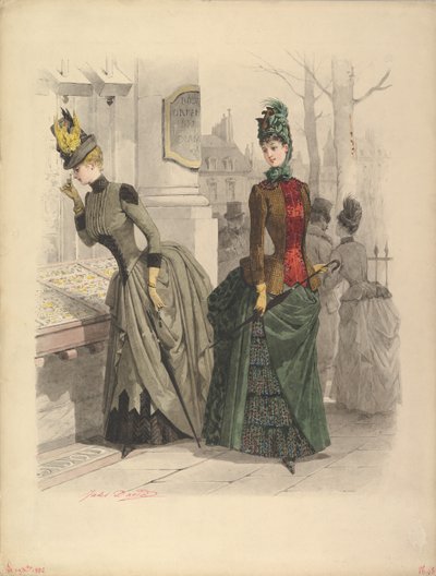 Duas Mulheres em Vestidos de Dia: Desenho preparatório para um prato de moda de..., 19 de Outubro de 1886. de Jules David