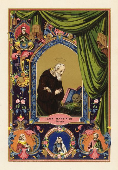 Retrato de São Martinho, eremita de Cesareia na Palestina, com auréola, lendo a Bíblia encostada a um crânio humano, dentro de uma borda decorativa de cortinas e folhagem de Jules Desportes