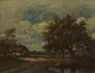 A casa de campo à beira da estrada, céu tempestuoso de Jules Dupré