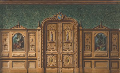 Design para uma sala com painéis de madeira embutidos com pinturas e uma porta dupla fortemente esculpida, 1830-97. Criadores: Jules-Edmond-Charles Lachaise, Eugène-Pierre Gourdet. de Jules Edmond Charles Lachaise and Eugène Pierre Gourdet