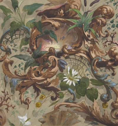 Design para papel de parede com conchas, nenúfares e taboas, 1830-97. Criadores: Jules-Edmond-Charles Lachaise, Eugène-Pierre Gourdet. de Jules Edmond Charles Lachaise and Eugène Pierre Gourdet
