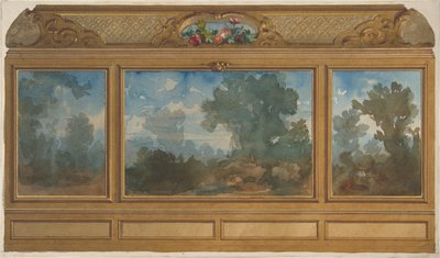 Elevação de um interior apainelado decorado com paisagens pintadas e enseadas com..., 1830-97. Criadores: Jules-Edmond-Charles Lachaise, Eugène-Pierre Gourdet. de Jules Edmond Charles Lachaise and Eugène Pierre Gourdet