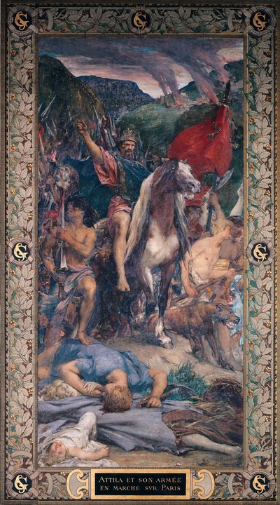 Átila (c.406-453) e seu exército marchando em Paris de Jules Elie Delaunay