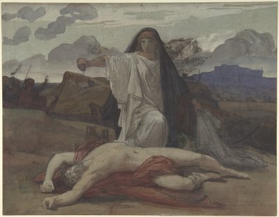 Antígona dá sepultura simbólica ao corpo de seu irmão Polynices de Jules Eugene Lenepveu