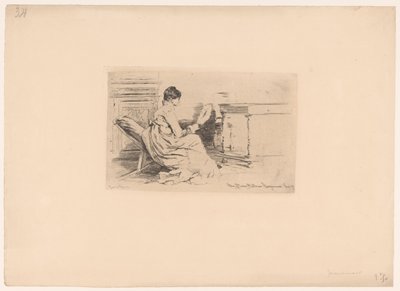 Mulher com ventilador na cadeira baixa de Jules Ferdinand Jacquemart (attributed to)