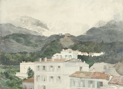 Casas de campo ao pé das montanhas, altas montanhas à frente, La Turbie de Jules Ferdinand Jacquemart