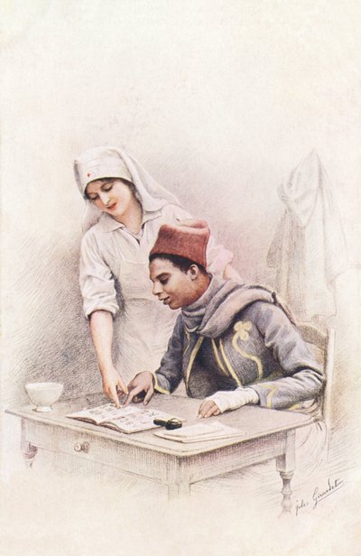 Lição de leitura. Cartão postal de "A Guerra das Nações" representando uma enfermeira da Cruz Vermelha a aprender a ler para um sapateiro senegalês de Jules Girardet