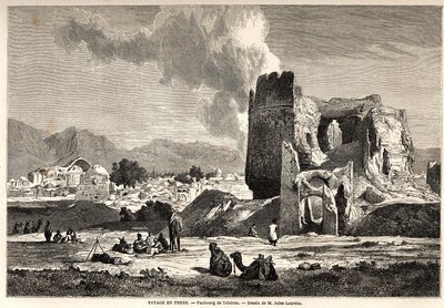 Os subúrbios de Teerão (atual Irã). Desenho de Jules Laurens (1825-1901), para ilustrar a viagem de Arthur Gobineau à Pérsia de 1855 a 1858. Gravura em "Le tour du monde, nouveau journal des voyages" Paris de Jules Joseph Augustin Laurens