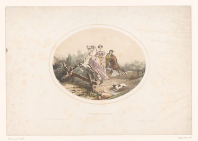 Nobre pula uma cerca com cavalo La Barrier Franchie (título no objeto) de Jules Marie Desandre