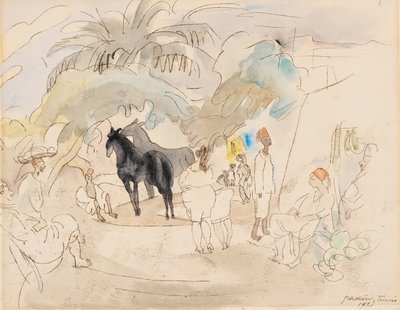 Figuras e dois cavalos em uma paisagem, 1921 (wc no papel) de Jules Pascin