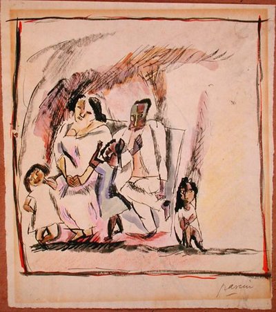 Mãe, Pai e Três Filhos (aguarela sobre papel) de Jules Pascin