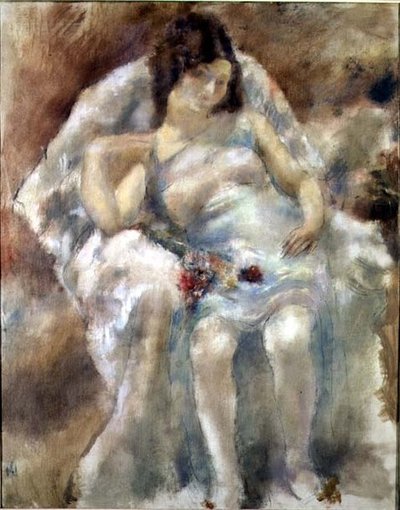 Jovem mulher sentada com flores de Jules Pascin