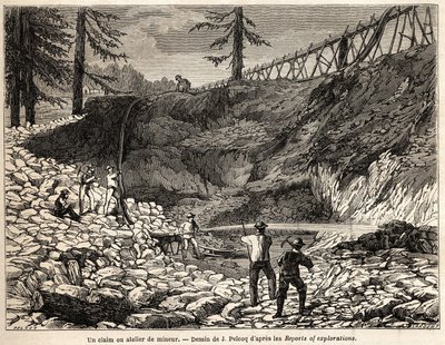 Uma reivindicação mineira ou oficina na Califórnia, desenho de Jules Pelcoq, para ilustrar a história da viagem do Barão de Wogan à Califórnia em 1850-1852. Gravação em "Le tour du monde, nouveau journal des voyages" Paris de Jules Pelcoq