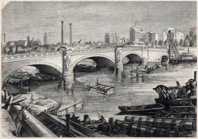 Transformações de Paris sob o Segundo Império, Haussmann Paris: obras realizadas em frente à ponte da Alma em Paris para a passagem do esgoto coletor no fundo do Sena. Desenho de Jules Pelcoq. Gravura em "" A União Ilustrada de Jules Pelcoq