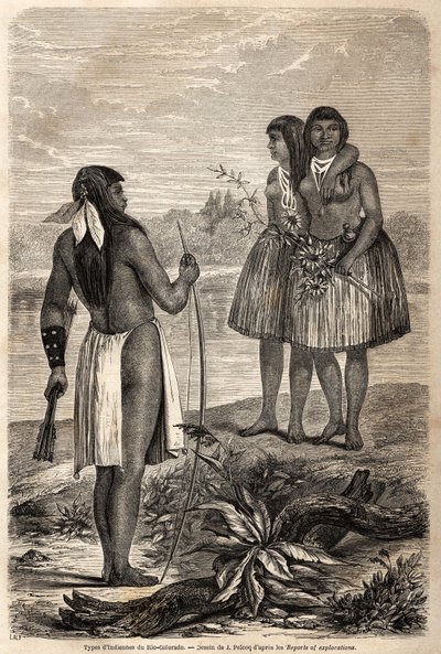 Tipo de índio do Rio Colorado, desenho de Jules Pelcoq, para ilustrar a história da viagem do Barão de Wogan à Califórnia em 1850-1852. Gravura em "Le tour du monde, nouveau journal des voyages" Paris de Jules Pelcoq