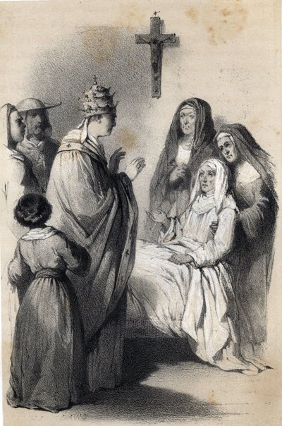 Representação de Santa Claire (Chiara) de Assis (c.1192-1253), fundadora da ordem religiosa das Clarissas em "The illustrious Women of Europe". Pela Condessa Drohojowska, nee Symon de Latreiche. Desenhos ilustrados por Jules David e Raunheim. cerca de 1850 de Jules and Raunheim Hermann David
