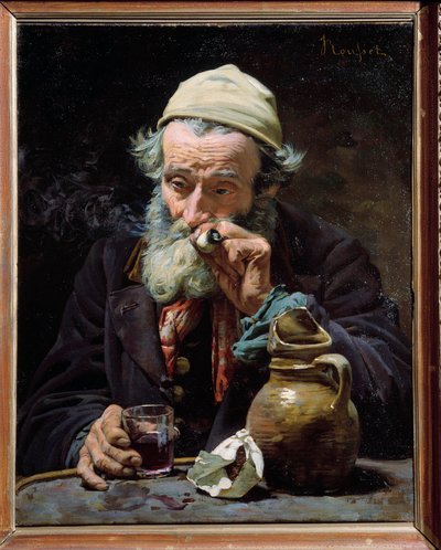 O bebedor Um velhote fumando o cachimbo e bebendo um copo de vinho. Pintura de Jules Rousset (1840-?), Orleães do século XIX, Museu de Belas Artes de Jules Rousset