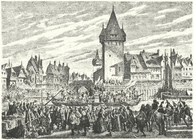 O Hirsebreifahrt, transporte de uma carga de painço por barco de Zurique para o aliado da cidade, Estrasburgo de Jules Theophile (after) Schuler
