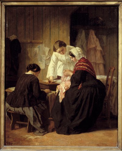 Três mulheres a costurar. Pintura por Jules Trayer (1824 - 1909) de Jules Trayer