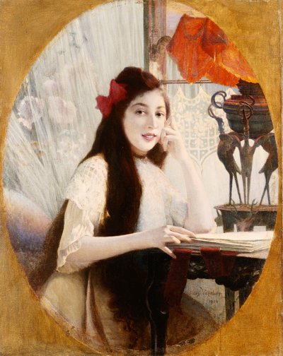 Retrato de uma jovem garota em uma mesa, 1904 de Jules Verdier