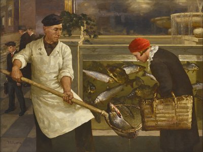 Em uma peixaria par Klever, Juli Julievich, o Jovem (1882-1942). Óleo sobre tela, tamanho: 130x176 de Juli Julievich the Younger Klever