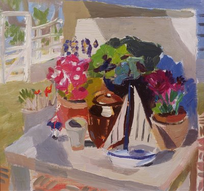 Flores, vasos e iates na Loggia (óleo a bordo) de Julian Bailey