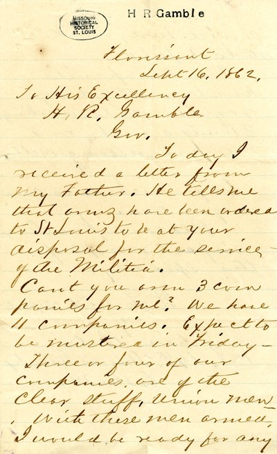 Carta assinada por Julian Bates, Florissant, a Sua Excelência H.R. Gamble, 16 de Setembro de 1862 de Julian Bates