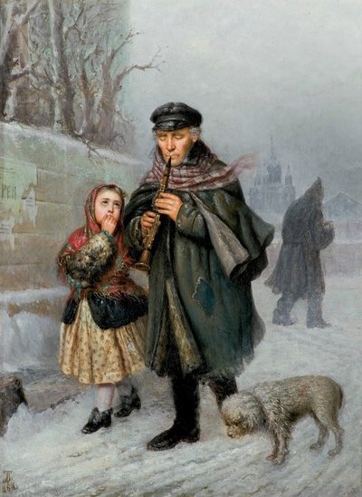 Clarinetista - Cena de rua de São Petersburgo (clarinetista mendigo com rapariga e cão). de Julian Bończa Tomaszewski