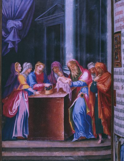 Apresentação no Templo, a partir de um fac-símile do breviário do rei Filipe II de Espanha, 1569 (pergaminho) de Julian and Leon, Andres de Fuente del Saz