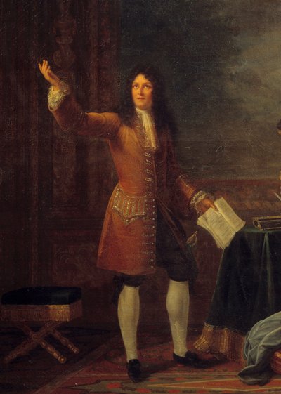 Jean Racine (1639-1699) lendo a sua peça em frente ao Rei de França. Detalhe do quadro "Jean Racine (1639-1699) lendo "Athalie" antes de Luís XIV (1638-1715) e Françoise d