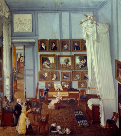 Vista interna da residência do Cavaleiro Pradel de São Carlos Uma grande cama de quatro colunas adorna o quarto utilizado como oficina. Uma criança toca e uma jovem mulher está em frente de um piano. Pintura de Julie Pradel (século XIX) 1820 Colecção priva de Julie Pradel