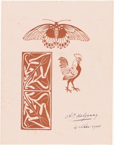 Borboleta, galo e folhagem de Julie de Graag (signed by artist)