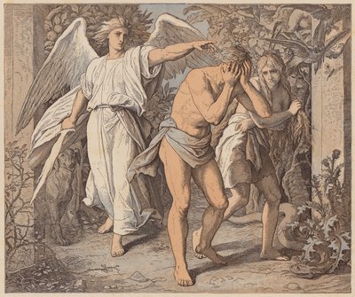 Adão e Eva expulsos do Paraíso, Génesis, III, 23, 24 (gravura a cores) de Julius (after) Schnorr von Carolsfeld