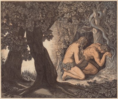 Adão e Eva escondidos no jardim, Génesis, III, 8 (gravura a cores) de Julius (after) Schnorr von Carolsfeld