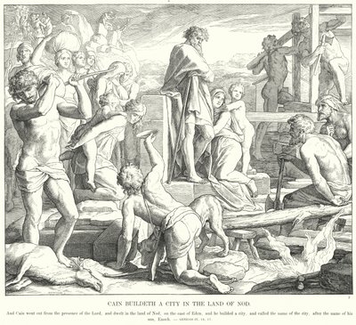 Caim Constrói uma Cidade na Terra de Nod (gravura) de Julius (after) Schnorr von Carolsfeld