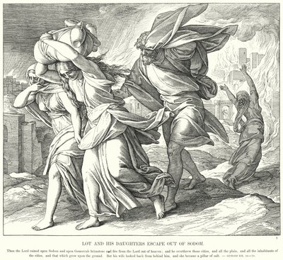 Lot and his Daughters Escape Out of Sodom (gravura) de Julius (after) Schnorr von Carolsfeld