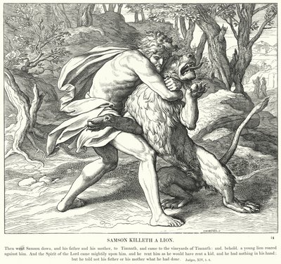 Samson Killeth a Lion (gravura) de Julius (after) Schnorr von Carolsfeld