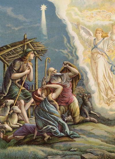 Os pastores recebem boas notícias (litografia a cores) de Julius (after) Schnorr von Carolsfeld