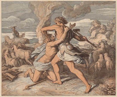 A morte de Abel, Génesis, IV, 8 (gravura a cores) de Julius (after) Schnorr von Carolsfeld