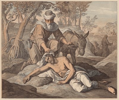 O Bom Samaritano, S. Lucas, X, 33, 34 (gravura a cores) de Julius (after) Schnorr von Carolsfeld