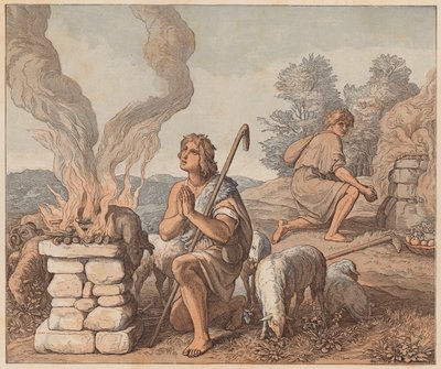 As oferendas de Caim e Abel, Génesis, IV, 3, 4 (gravura a cores) de Julius (after) Schnorr von Carolsfeld