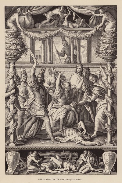 A matança na sala de banquetes (gravura) de Julius (after) Schnorr von Carolsfeld