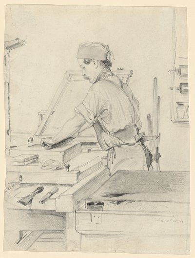 Autorretrato trabalhando em uma impressora litográfica de Julius Adam the Elder