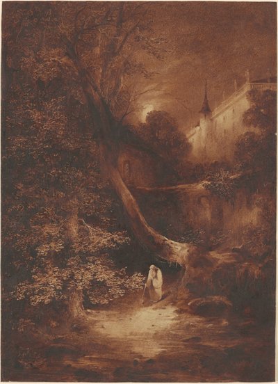 Paisagem enluarada com um monge caminhando perto de um palácio de Julius Albert Elsasser
