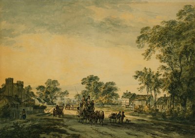 Um treinador e figuras em uma estrada aberta, de Julius Caesar Ibbetson