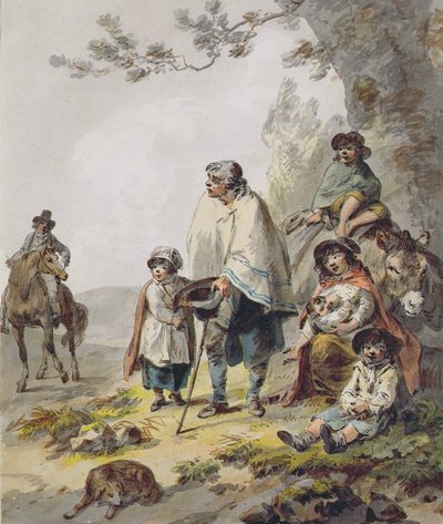 Uma família cigana (caneta e tinta com aquarela sobre papel) de Julius Caesar Ibbetson