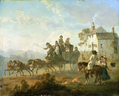 Um treinador de palco em uma estrada rural, 1792 de Julius Caesar Ibbetson