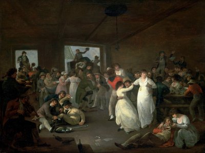 Bombardeamento de marinheiros, cena numa taberna em Portsmouth (Inglaterra). Óleo sobre madeira de Julius Caesar Ibbetson