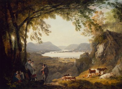 Povo do campo descansando com gado em uma paisagem arborizada (óleo) de Julius Caesar Ibbetson